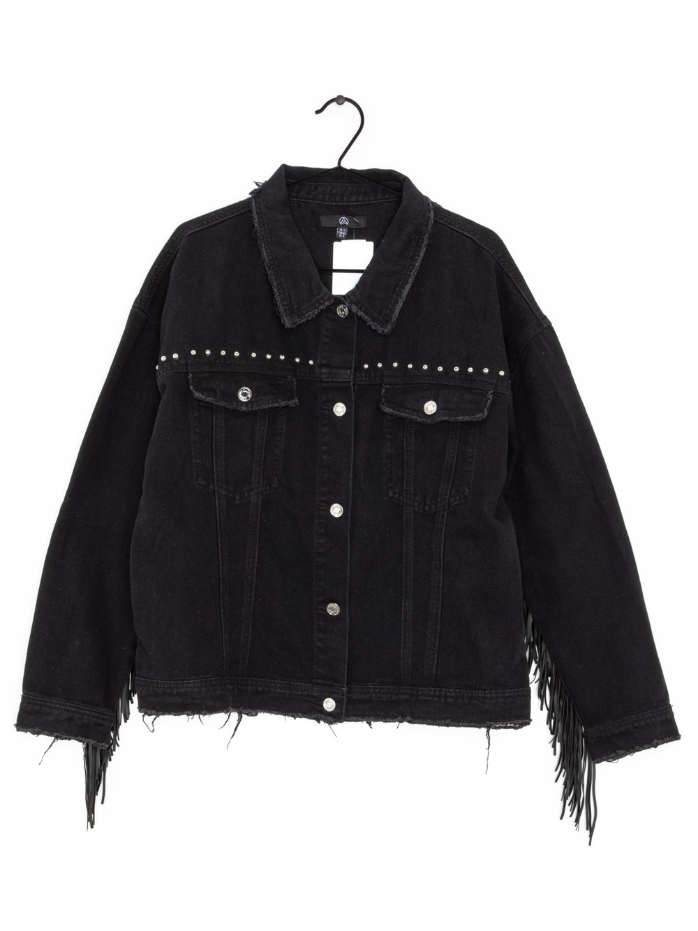 Missguided Black Fringe Studded Denim Jacket - Women's Loose Fit - Picture 2 of 8